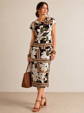 NY&C 7th Avenue Floral Chain Print Blouse & Skirt Set Medium Career Office Chic